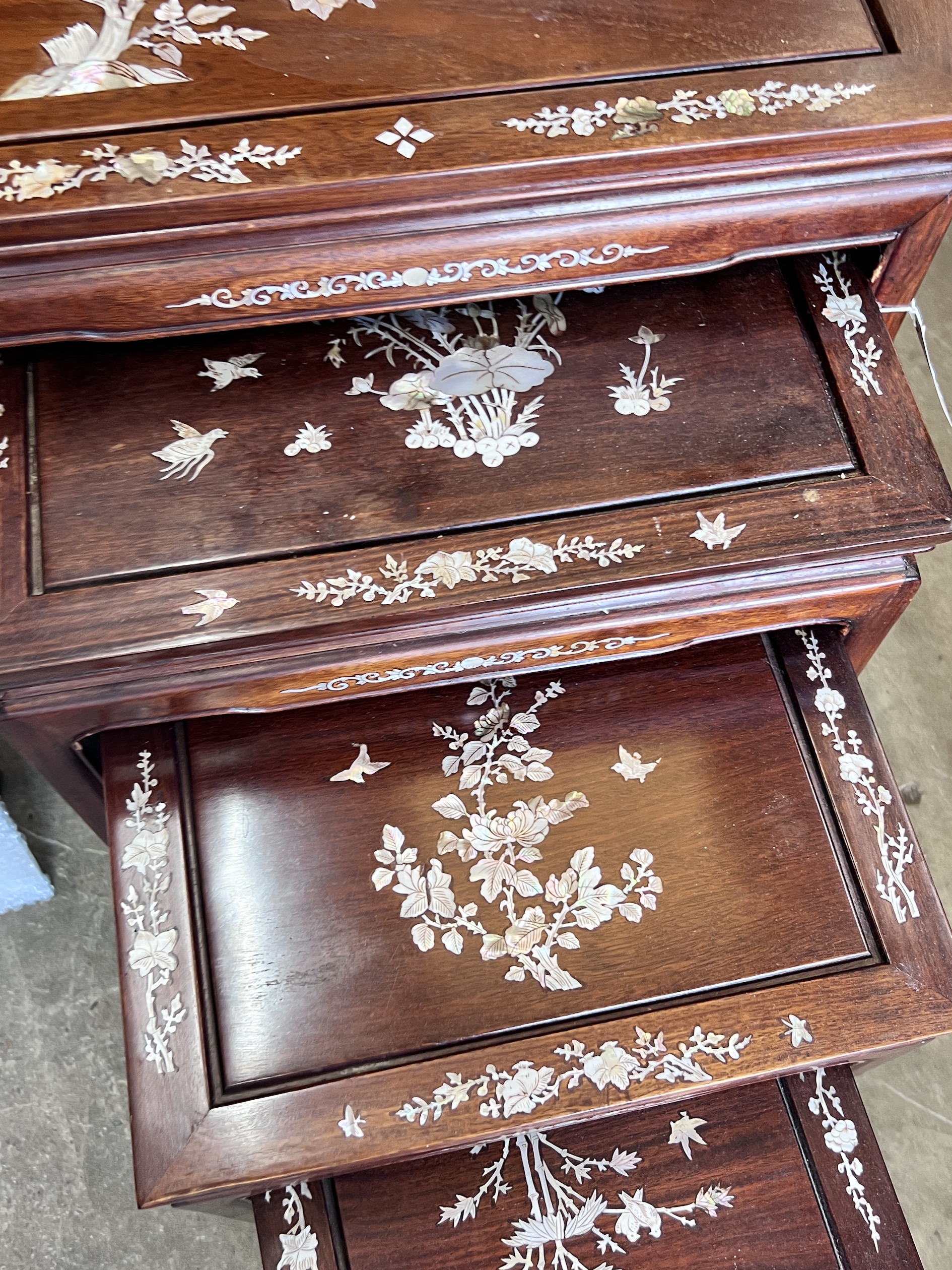 A quartetto of Chinese mother of pearl inlaid rectangular hardwood tea tables, width 51cm, depth 36cm, height 66cm